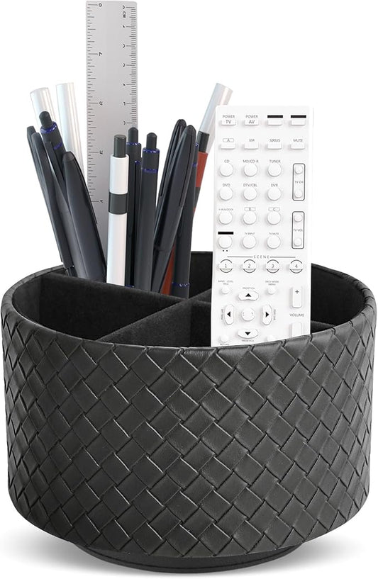 Hennaja Round Leather Art Supply Organizer,Remote Control Holder,360 Degree Spinning,Multi-Functional Pencil Holder,4 Compartments Desktop Stationary Organizer(1-Weave Black)-NeatNest