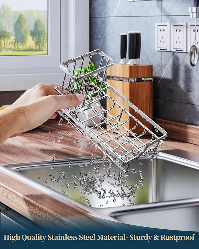 Consumest Sink Caddy, Kitchen Sponge Holder with Dish Brush Holder, Kitchen Sink Organizer with Drip Tray for Countertop Stainless Steel Rustproof, Silver-Large-NeatNest