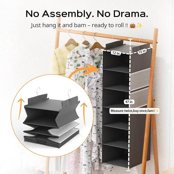 Extra Deep Hanging Closet Organizer with 6 Shelves and Oversized Mesh Pockets, Heavy-Duty Structure, No Deformation, Max Storage for Clothes, Shoes, Hats, Dorms and RVs, Grey,1-Pack-NeatNest