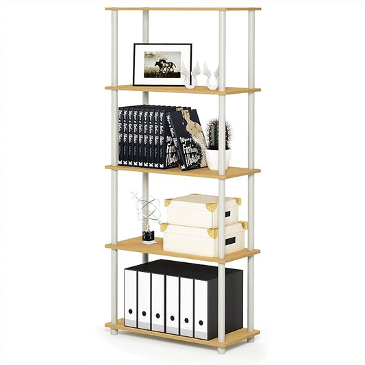 Furinno Turn-N-Tube 5-Tier Multipurpose Shelf / Display Rack / Storage Shelf / Bookshelf, Round Tubes, Beech/White-NeatNest