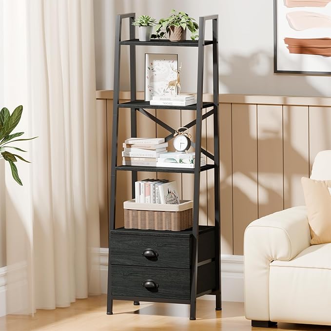 Furologee 4-Tier Ladder Shelf,Small Bookshelf with 2 Drawers,Vertical Bookcase Storage Rack Organizer,Rustic Bookshelves for Living Room,Bedroom,Bathroom,Home Office,Kitchen,Rustic Brown,Black Oak