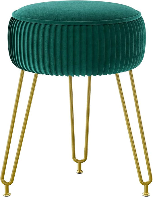 IBUYKE Velvet Round Footrest Stool Ottoman, Makeup Vanity Stool Side Table, Velvet Dressing Table Seat, Pouf Couch Stool, Golden Steel Legs, Green LG-30L