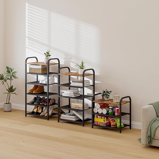 5-Tier Shoe Rack, with Heavy-Duty Metal Grid, Rustic Wooden Top, & Metal Guardrails - Transform Your Space with Style and Functionality Living Room, Kitchen, Bedroom, Garage, & Bathroom-NeatNest