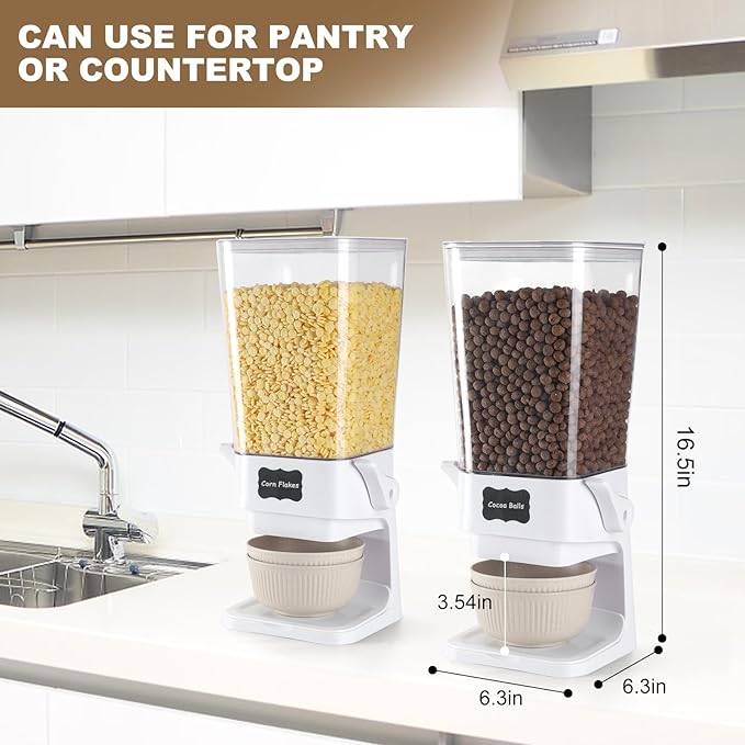 Cereal Dispenser Countertop with Cereal Bowls,16 Labels & Pen, Cereal Containers Storage, Candy Dispenser, Dry Food Dispenser For Pantry - Not Easy to Crush Food (White, 2 Pack)-NeatNest