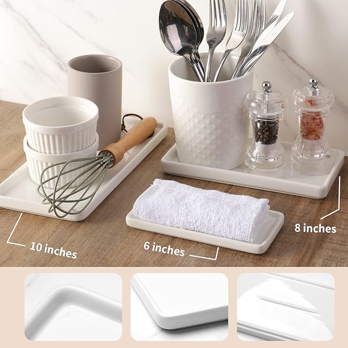 Gurygo 6" Small Ceramic Bathroom Tray for Kitchen Counter - Rectangle Ceramic Sink Tray for Bathroom Counter - Porcelain Dispenser Organizer for Kitchen Bathtub Counter, White-NeatNest