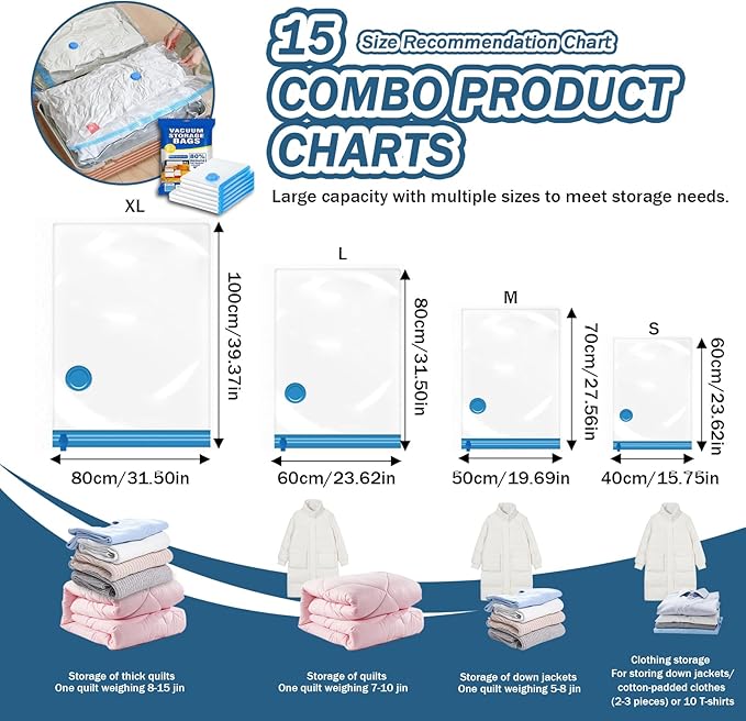 15 Pack Vacuum Storage Bags, 80% Space Saver Bags (3 Jumbo/3 Large/3 Medium/3 Small/3 Roll) Compression for Comforters and Blankets, Sealer Clothes Storage, Hand Pump Included (15 Combo)-NeatNest
