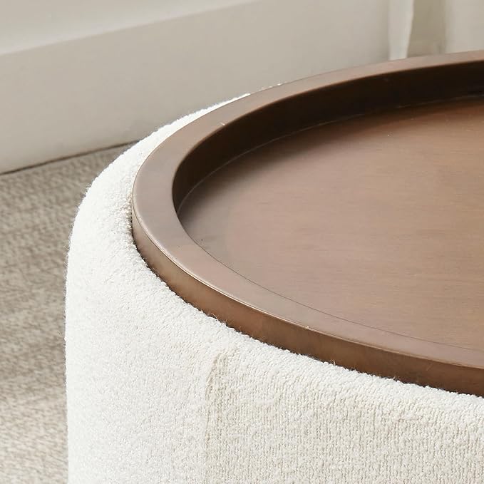 30 Inch Round Storage Ottoman Coffee Table, Modern Boucle Ottoman with Lift-Off Lid and Solid Wood Legs for Living Room, Bedroom, Corners, Apartments (Beige)