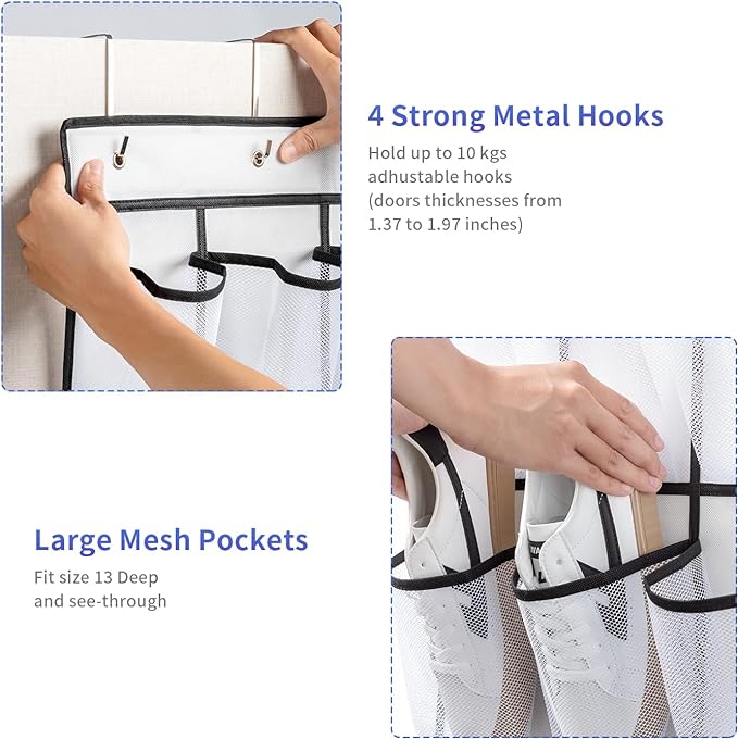 35 Pockets Over the Door Shoe Organizer, Hanging Shoe Organizer for Door with 35 Mesh Pockets Large Capacity Shoe Hanging Storage Bag with 4 Metal Hooks (White-1Pack)-NeatNest