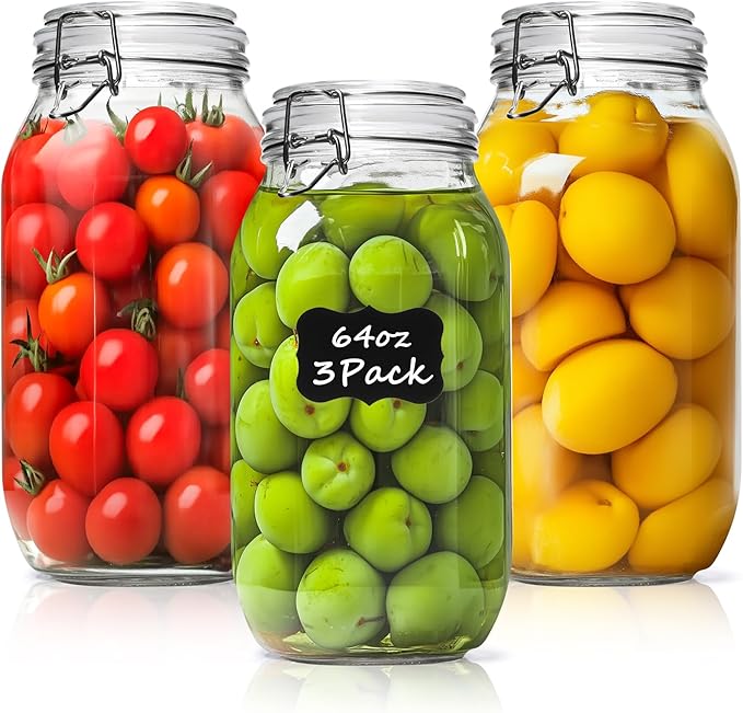 ComSaf Large Glass Jars with Lid 64 oz, Large Mason Jars Set of 3, Glass Canisters with Airtight Lids, Half Gallon Canning Jar with Seal Wire Clip Fastening for Kitchen, Pickle, Flour, Sugar, Cereal-NeatNest