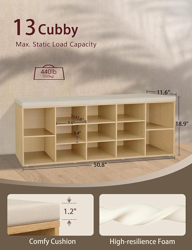 DINZI LVJ Shoe Storage Bench with Cushion, 13-Cubby Shoe Rack, Adjustable Shelves, Multifunctional Shoe Organizer Bench for Entryway, Mudroom, Hallway, Living Room, Bedroom and Garage, Natural-NeatNest