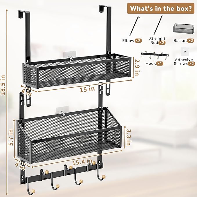 Over The Door Hooks Organizer: Hanging Back of Door Storage Organizer - Waterproof Heavy Duty Door Hanger Towel Rack with 7 Coat Hooks and 2 Mesh Baskets for Bathroom Bedroom and Kitchen (Black)