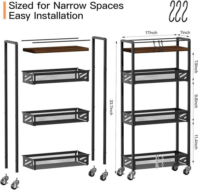 DGSNADGO Slim Rolling Storage Cart, 4-Tier Kitchen Cart on Wheels, Narrow Utility Cart with Handle and Wooden Tabletop for Small Space in Kitchen, Living Room, Bathroom, Rustic Brown and Black