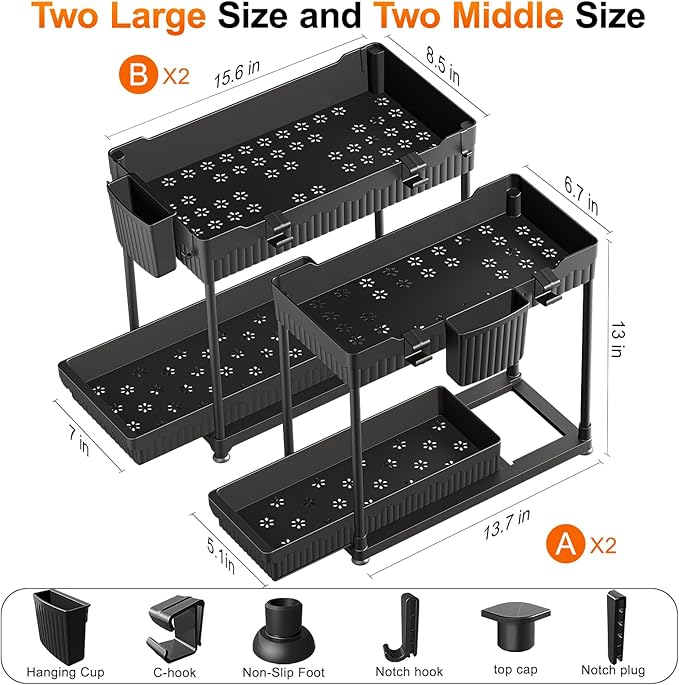 4 Pack Under Sink Organizer, Bathroom Organizers and Storage, 2 Tier Multi-Use Pull Out Cabinet Organizer with Hang Hooks and Cups (Black, 4 Pack)-NeatNest