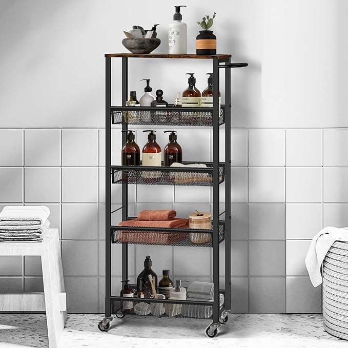 MOOACE Slim Storage Cart, 5 Tier Kitchen Rolling Carts with Wheels, Metal Narrow Cart Utility Cart Mobile Shelving Unit for Bathroom Organizer Kitchen Office Laundry Room, Brown