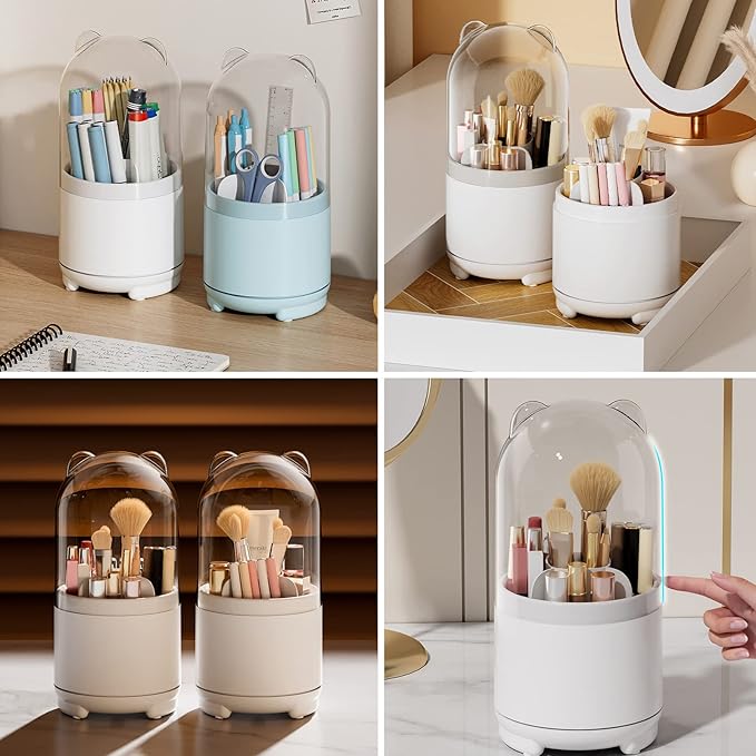 Cute Makeup Brush Holder Organizer with Lid, Rotating Dustproof Make Up Brushes Container with Clear Acrylic Cover for Vanity Desktop Bathroom Countertop-NeatNest