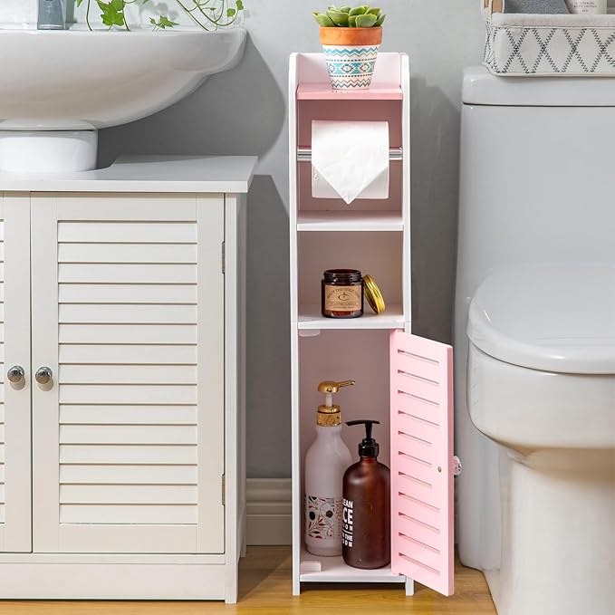 AOJEZOR Toilet Paper Holder Stand: Small Bathroom Storage Cabinet - Jelly Pink - White-NeatNest