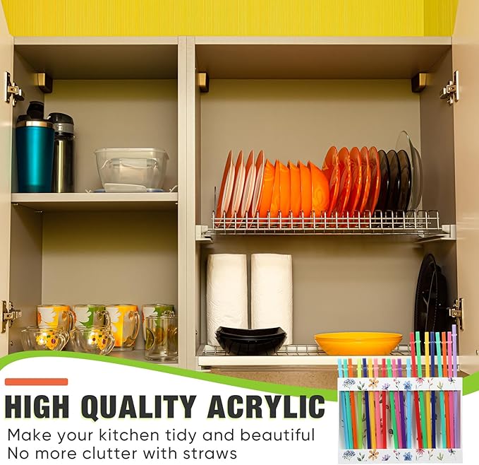 Acrylic Straw Holder for Cabinet Door with Double Sided Adhesive Tape Reusable Straw Organizer Tumbler Storage Kitchen Accessories Container for Counter Cupboard(Floral,Large,White)