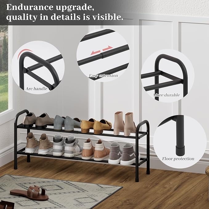 Expandable Shoe Rack, Adjustable Shoes Organizer Metal, Space-Saving Storage Shelf for Closet, Entryway, Front Door & Hallway,Sturdy and Easy Assembly (Black, 2-Tier)
