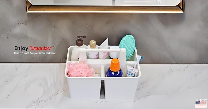 Shower Caddy Organizer with Handle, 3 Compartments, Portable Storage Bin for Bathroom, Dorm, Gym -Made In USA (Ivory)