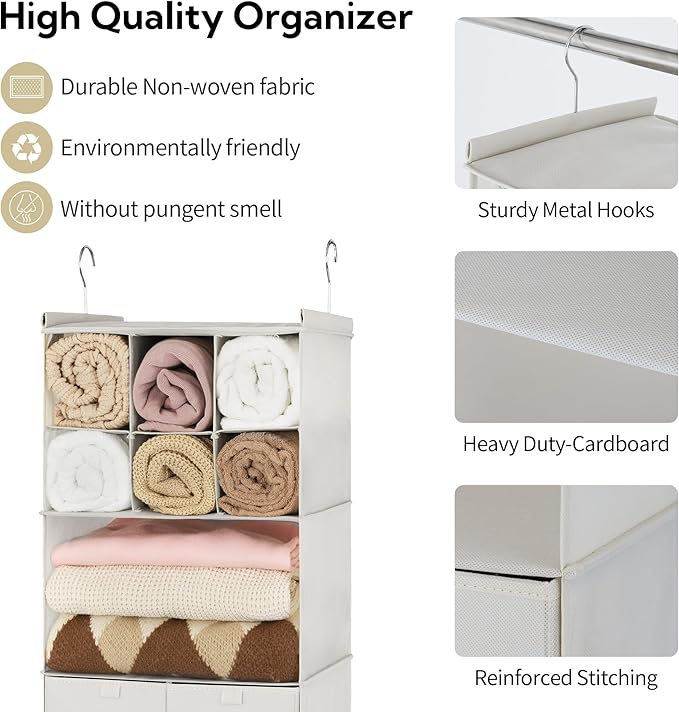 GRANNY SAYS Hanging Closet Organizer with Drawers, 4 Shelf Dividers Closet Hanging Organizer, Foldable Hanging Shelves for Clothes Organizer, Small Closet Organizers and Storage, Beige-NeatNest