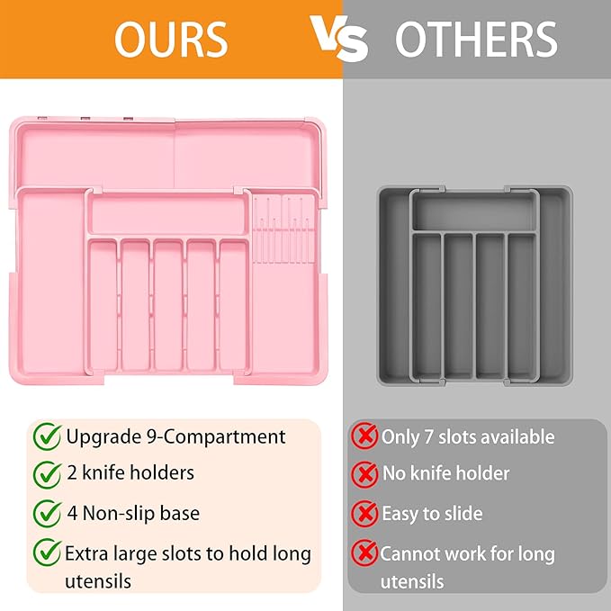 Homecor Silverware Organizer - Expandable Large Kitchen Drawer Organizer Utensil Organizer with 2 Knife Block Inserts, 22"x 19"Cutlery Tray with Drawer Dividers for Kitchen Flatware (Pink)-NeatNest
