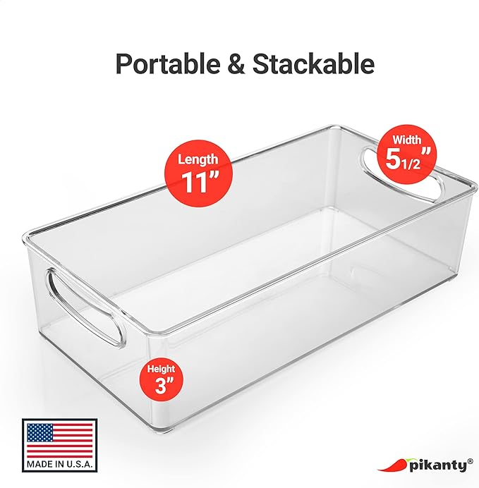 11-Inch Refrigerator Organizer Bin with Handles - Clear Plastic Storage for Fridge, Pantry, or Countertop - Dishwasher Safe - Made in the USA