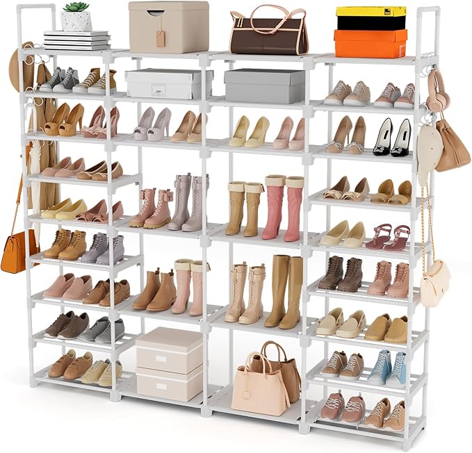 ROJASOP Large Shoe Rack Organizer for Entryway Closet 64-68 Pairs 9-Tier Heavy Duty Tall Garage Shoe Rack Shoe Shelf Shoes Storage with 18 Pcs Removable Side Hooks for Bedroom and Garage White-NeatNest