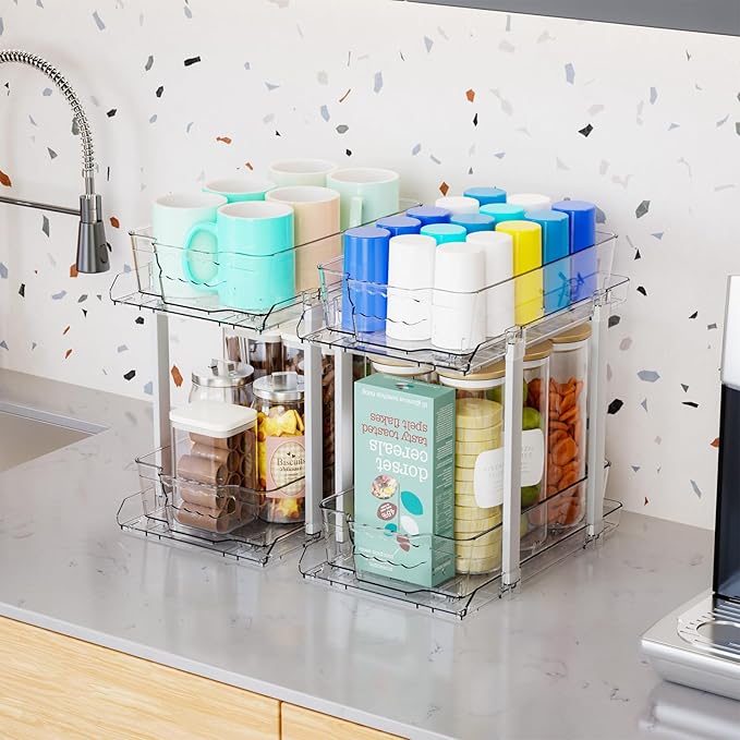 Yieach 2 Pack 2 Tier Bathroom Under Sink Organizer With Track,12.8 Inch Tall Under Cabinet Organizer,Clear Undersink Pull Out organizer for Kitchen,Vanity,Counter,Vanity,Medicine,Makeup,Hair Products-NeatNest
