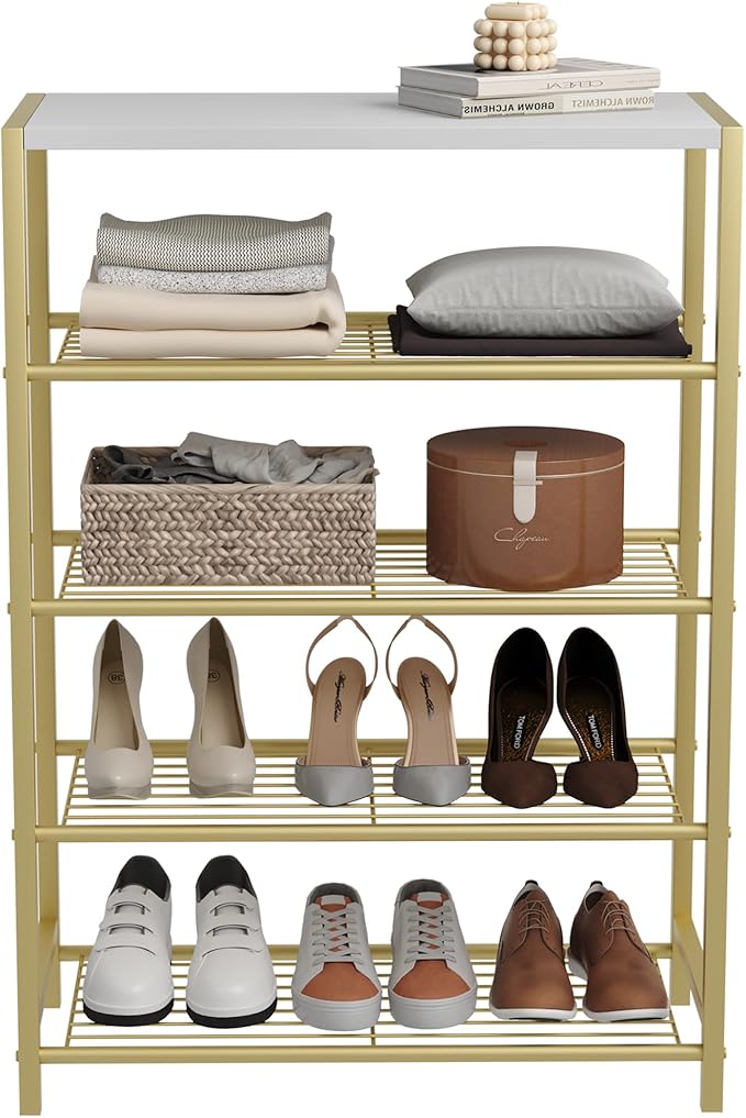 HOMEFORT 5-Tier Shoe Rack, Shoe Storage Shelf, Industrial Shoe Tower, Narrow Shoe Organizer for Closet Entryway, Small Shoe Rack Table with Durable Metal Shelves, Gold-NeatNest