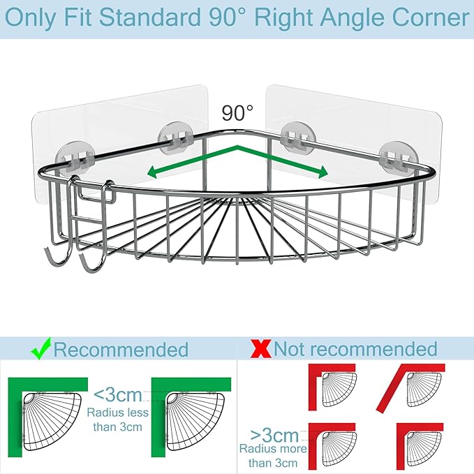 Shower Shelf for inside Shower, Shower Shelf Corner, Shower Corner Caddy, Adhesive Shower Caddy, Shower Wall Caddy, Stainless Steel Shower Caddy Suction No Drill 2 Pack Silver