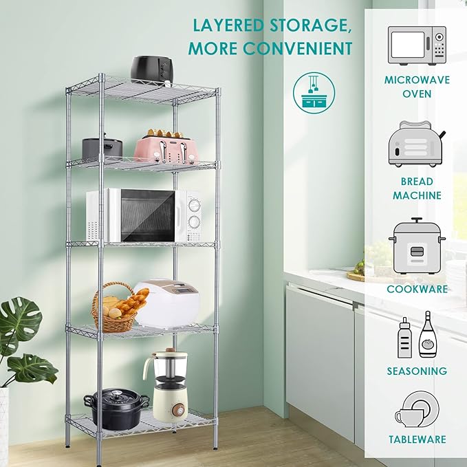 BNSPLY 5 Tier Wire Shelving Unit, Adjustable Wire Rack Shelving, Changeable Metal Wire Storage Shelves for Kitchen, Laundry, Bathroom, Balcony, Pantry (11.4" D x 21.3" W x 59" H, Silver)-NeatNest