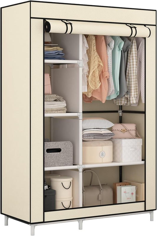 Calmootey Portable Closet Organizers, Clothing Storage, Wardrobe with 6 Shelves and Hanging Rod, Non-Woven Fabric Cover with 4 Side Pockets, Beige-NeatNest