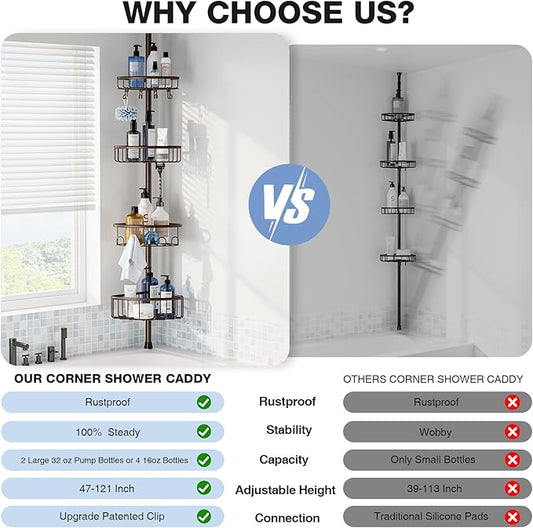 Corner Shower Caddy Tension Pole: Stainless Steel Rustproof 4-Tier Shower Organizer - 47-121 inch Adjustable Bathroom Shelves for Bathtub Shampoo Storage - Tension Rod Floor Standing Bath Rack -Bronze-NeatNest