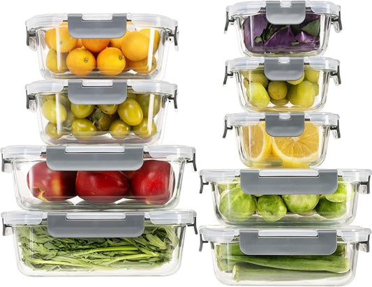 18 Pieces Glass Food Storage Containers with Lids,Airtight Glass Meal Prep Containers,Glass Storage Containers Set for Kitchen,Pantry BPA Free & Leak Proof (9 lids & 9 Containers)-NeatNest
