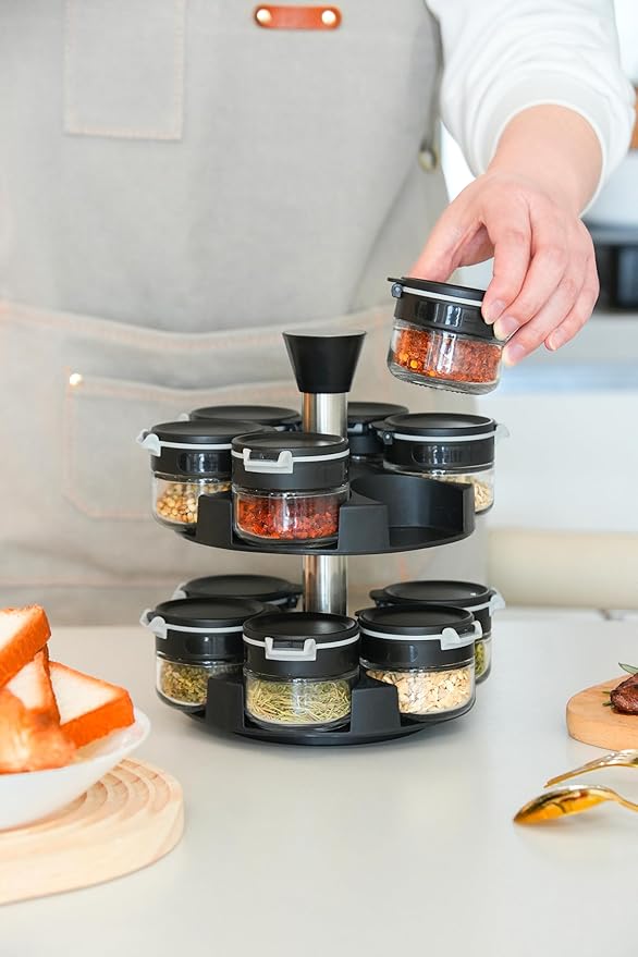 360 rotating 2 tier 12 jars spice rack (12 spice jars) Revolving Seasoning Organizer. Spinning Spice Rack for Counter top and Cabinet-NeatNest
