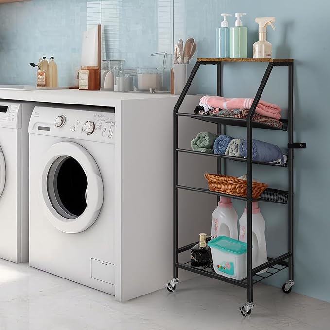 Bathroom Towel Stand Freestanding 5 Tier Metal Utility Rolling Cart with Storage for Home Kitchen Living Room Office, Rustic Brown