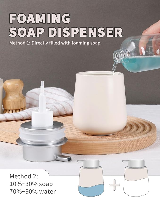 Bosilunlife Ceramic Foaming Soap Dispenser - Beige & Grey 12 oz Foam Hand Wash Dispenser Bathroom Countertop Kitchen Dish Soap Pump Dispenser Foam Soap Dispenser for Bathroom-NeatNest