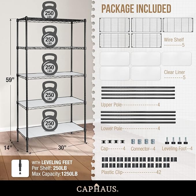CAPHAUS NSF Adjustable Height Wire Shelving Unit w/Liner, 5-Tier Metal Steel Storage Shelf for Basement, Garage, Utility Organizer, No Wheels, Black-NeatNest