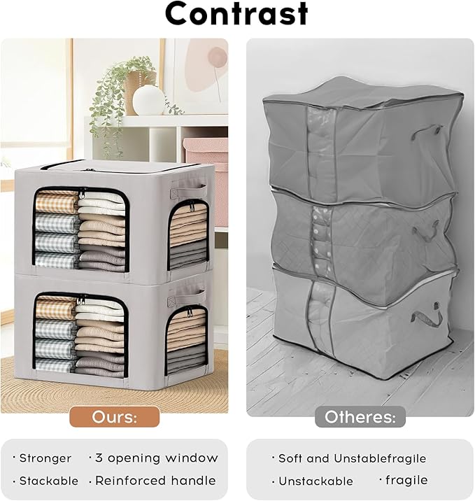 3-Pack Clothes Organizer Bins with Metal Frame, Foldable 40L Linen Storage Boxes with Lids, Clear Windows, Zippers & Durable Handles (Light Gray)-NeatNest