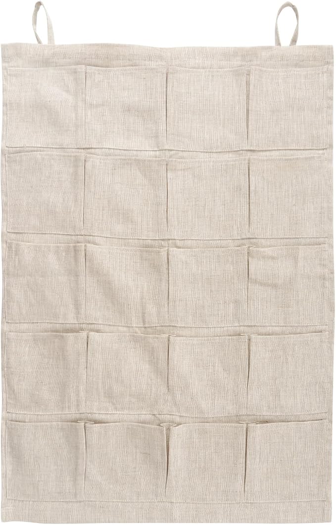 100% Linen Hanging Storage Bag with 20 Pockets, Wall Hang Over The Door Closet Organizer for Socks Underpants, Linen