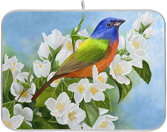 Absorbent Dish Drying Mat for Kitchen Counter - Peach Blossom Blue Hummingbird Microfiber Drying Pad, Reversible Drainer Mats for Countertop, Small 16" x 18"
