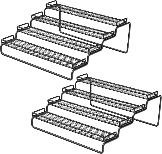 2 Pack Spice Rack Organizer for Cabinet, 4 Tier Expandable Seasoning Organizer Shelf, Spice Holder with Protection Railing, Metal, Black-NeatNest