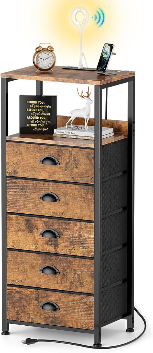 5 Drawers Dresser with Charging Station & Voice-Controlled LED Light, Tall Night Stand with 3 Lighting Modes, Bedside Table with Tamper-Resistant Outlets, USB Type C Port, Dresser for Bedroom