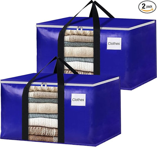 BlissTotes 2 Pack Moving Bags with Clear Window, Storage Bags with Strong Carrying Handles & Zippers,Large Packing Bags for Saving Space, Alternative to Moving Boxes(Blue,20 Gallon)-NeatNest