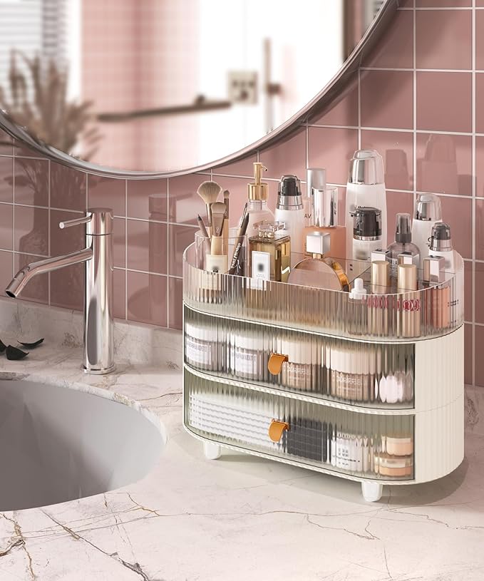 Makeup Organizer with 2 Drawers and 1 Clear Tray, Stackable Cosmetic Organizers and Skincare Storage box for Vanity and Countertop