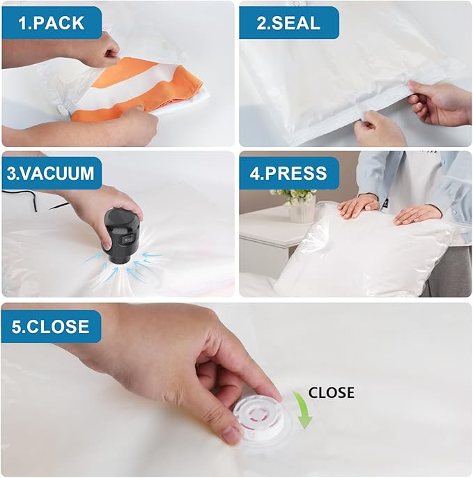 GGH 5 Pack Vacuum Storage Bags with Electric Pump, Large Vacuum Seal Bags for Clothing, Comforters, Blankets - Space Saver Compression Bags for Travel & Home Organization-NeatNest