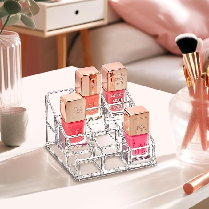Amazing Abby - Glamour - 2-Pack 9-Slot Acrylic Nail Polish Organizer, Lipstick Holder, Lip Gloss Organizer, Cosmetic Storage Display, Perfect Storage Solution for Drawer, Vanity, Bathroom, and More-NeatNest