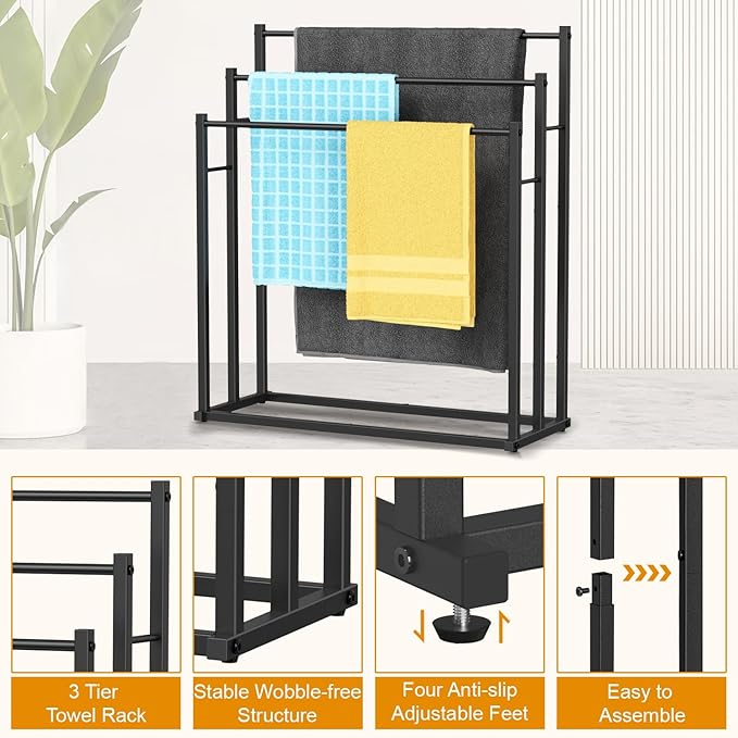 Honiter Towel Racks for Bathroom, 3 Tier Wide Towel Drying Rack Outdoor, Free Standing Towel Rack, Pool Towel Blanket Stand and Display Rack for Oversized Bath Towels, Black