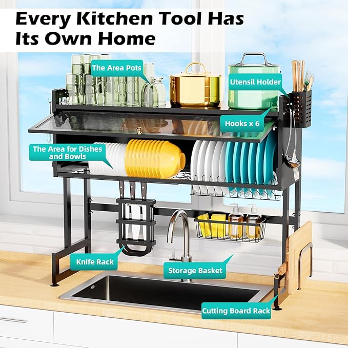 Over The Sink Dish Drying Rack, 3 Tier Over The Sink Dish Drainer Drying Rack with Cover for for Dishes, Glasses, Bowls and Cutlery, Dish Drainers Organizer for Kitchen Counter Storage