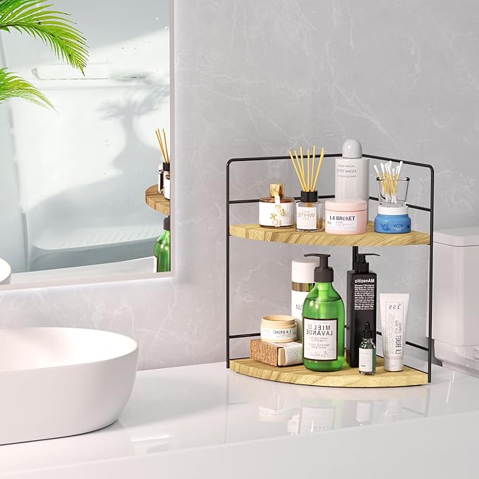 ZGO 2-Tier Bathroom Counter Organizer, Corner and Makeup Organizer for Vanity and Kitchen Counter, Wood-NeatNest